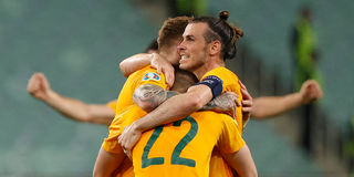 Wales' forward Gareth Bale (right) and teammates celebrate their victory against Turkey