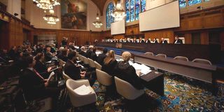 Magistrates take part in an audience of the International Court of Justice (ICJ) in The Hague. 
