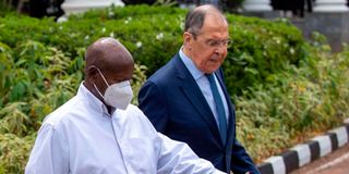 Ugandan President Yoweri Museveni and Russian Foreign Minister Sergei Lavrov