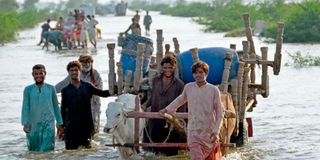 Stranded families in Pakistan after flooding.