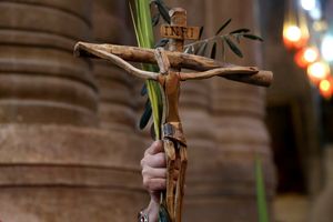 A Catholic pilgrim holds up a crucifix and a palm branch during the Palm Sunday procession in Jerusalem.