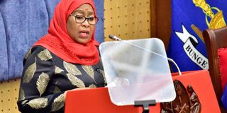 President Samia Suluhu Hassan delivers her maiden speech in Parliament in Dodoma on April 22, 2021. PHOTO FILE