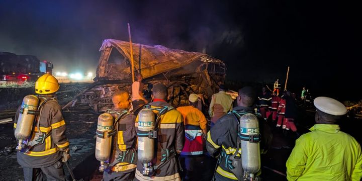 28 killed as bus bursts into flames after collision with lorry in ...